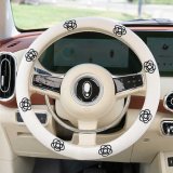 White cotton and linen embroidered camellia steering wheel cover