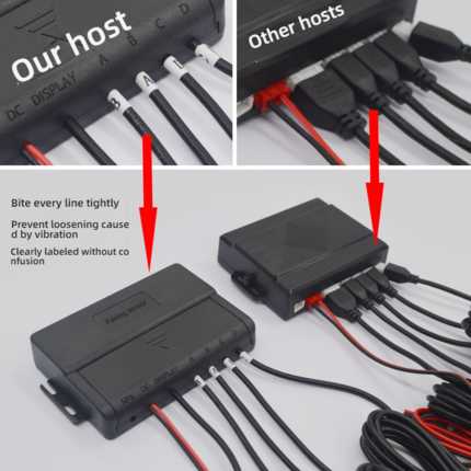Car reversing radar & camera system with clearly labeled wiring and secure connections for easy installation.