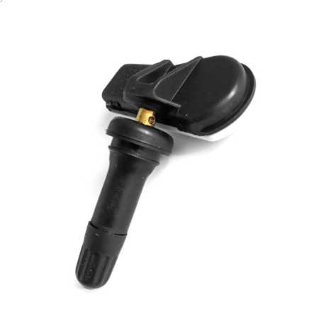 Tpms sensor 52933j5000 for kia optima and hyundai sonata, featuring a black rubber body with a gold valve stem, designed for ...