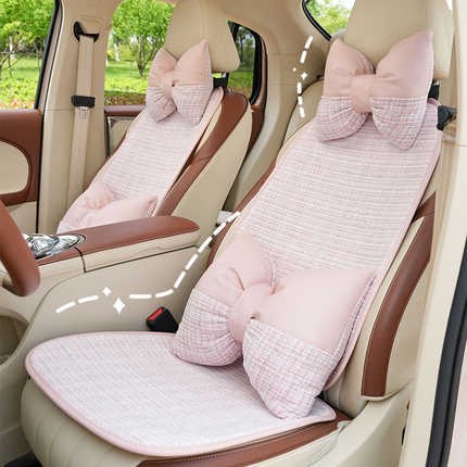Elegant cotton-linen car seat cushion with bow accents, offering all-season comfort and non-slip support for a stylish and co...