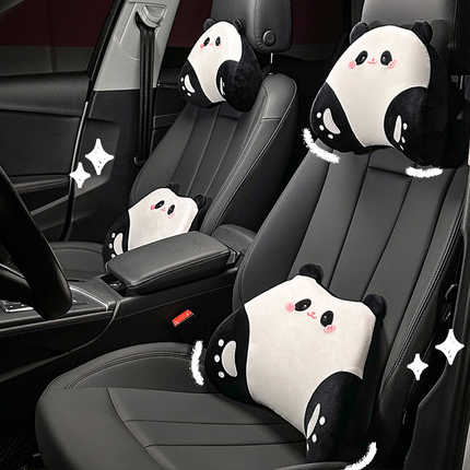 Cute panda-themed memory foam headrest and lumbar pillows for car seats, providing comfort and style with adorable black-and-...