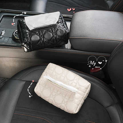 Elegant black and cream leather car tissue box armrest covers, featuring quilted designs for a luxurious touch in your vehicl...