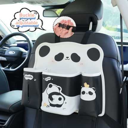Cute panda-themed car seat back storage bag with adjustable buckle, featuring multiple compartments and a leather trash can d...