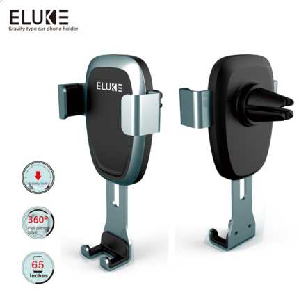 Eluke gravity type car phone holder: universal air vent mount with 360° rotation and secure grip for phones up to 6.5 inches.