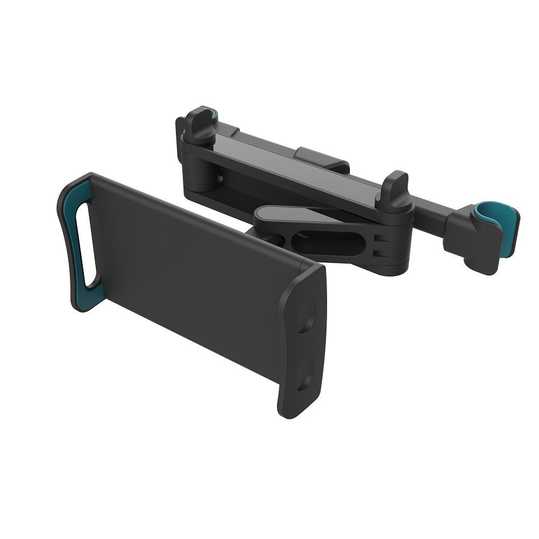 Universal telescopic rear seat phone & tablet holder: adjustable black and teal mount for secure device placement in vehicles...