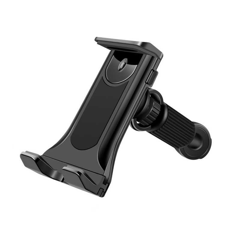 Black universal rear seat phone & tablet holder with adjustable arm and secure grip, ideal for car use.