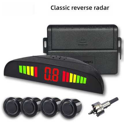 Classic car reversing radar system with led display, four sensors, and mounting tool for enhanced parking safety.
