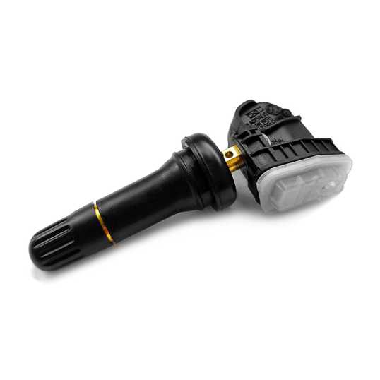 Ev6t1a180cb tpms sensor for ford focus and f-150, featuring a black rubber stem with a gold band and a durable plastic housin...