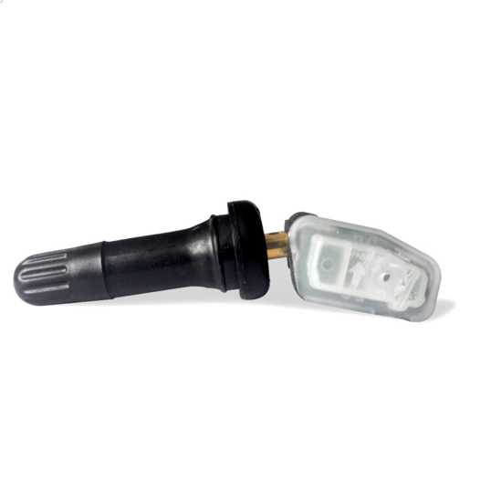 Ev6t1a180cb tpms sensor for ford focus & f-150, featuring a black rubber stem and transparent valve cap with internal compone...