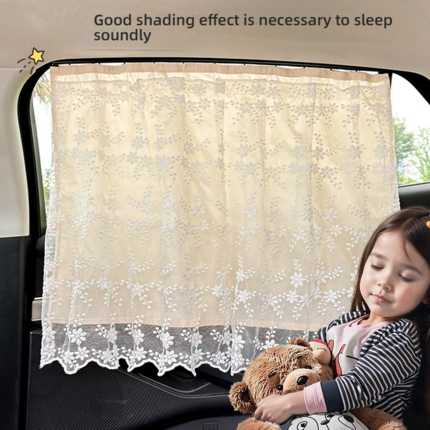Double-layer track-mounted baby car sunshade curtain provides excellent shading for a peaceful car ride, as shown with a chil...