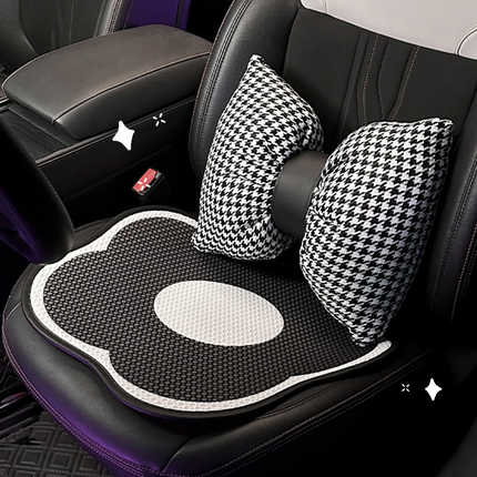 Floral ice silk car seat cushion with cooling design and non-slip texture, paired with houndstooth pillows for added comfort ...