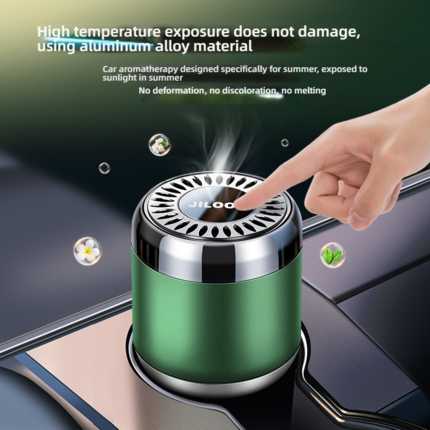 Jiloo gardenia car fragrance diffuser: sleek green design with aluminum alloy, releasing aromatic mist for summer freshness.