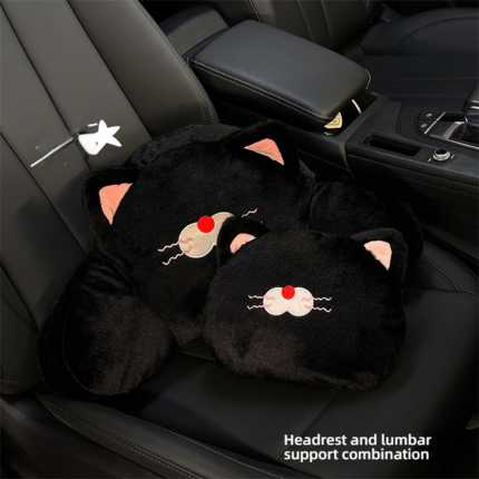 Cartoon cat plush car headrest & lumbar pillow: soft black plush design with cute cat features, providing comfortable support...