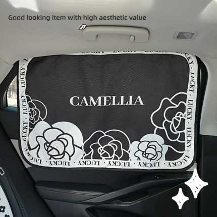 Elegant camellia car sunshade side curtain featuring black fabric with white floral patterns and lucky text, offering both st...