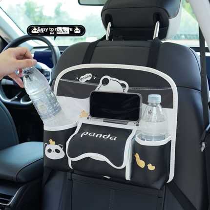 Car seat back storage bag featuring a panda design, with multiple compartments holding water bottles and a phone, offering co...