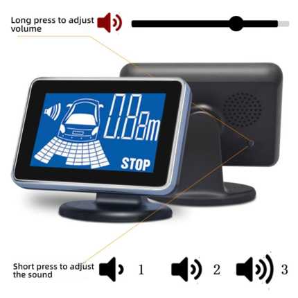 Voice-activated reversing radar with 4 sensors and camera ready display, adjust volume and sound settings for safe parking.