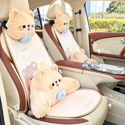 Bear plush seat cushion with non-slip design, featuring cute bear patterns and cozy winter warmth for car seats.