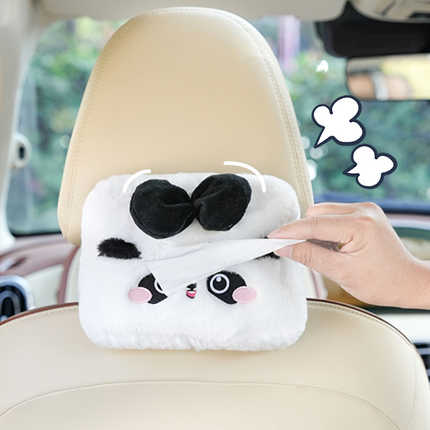 Cute plush panda car tissue box holder with a hanging armrest design, perfect for keeping tissues handy while adding a playfu...