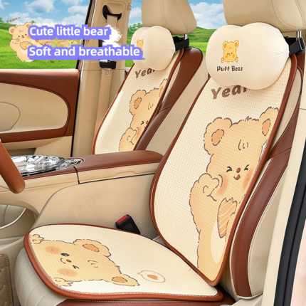 Cute bear-themed car headrest with ice silk memory foam, soft and breathable for comfort.