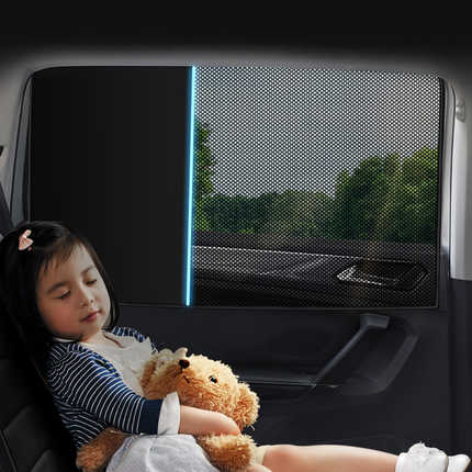 A child rests comfortably in a car seat, using a magnetic double-pane car sunshade to block uv rays from the side window, ens...