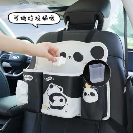 Panda-themed car seat back storage bag with leather trash can feature, perfect for organizing items in your vehicle.