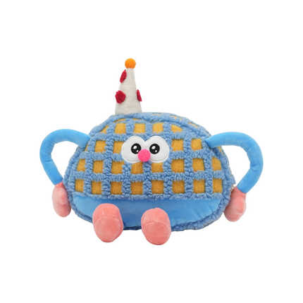 Adorable monster car headrest – dopamine neck pillow featuring a playful design with blue and yellow checkered fabric, pink f...