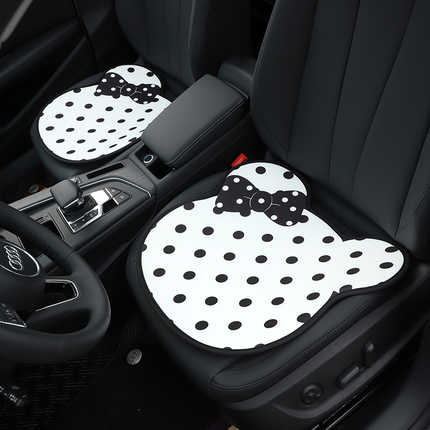 Polka dot bear car seat cushion with ice silk & breathable design, featuring playful black polka dots and a cute bow on white...