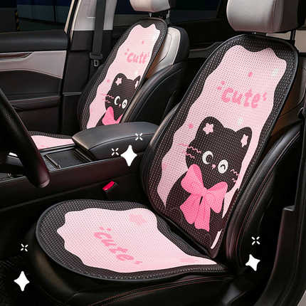 Cute black cat design on a pink honeycomb ice silk car seat cushion, perfect for all-season comfort.