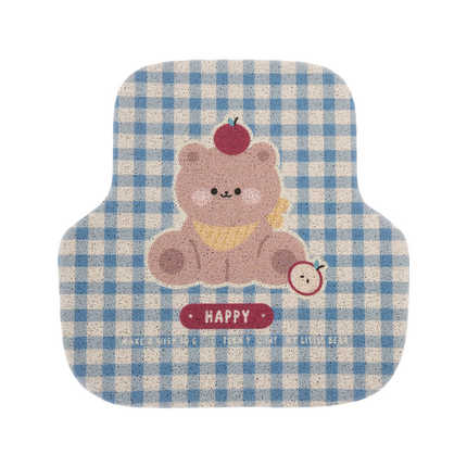 Cute cartoon bear car floor mat with blue checkered design, featuring a happy apple motif and loop anti-stain material for al...