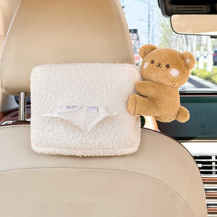 Cute cartoon bear-themed creative car tissue box armrest holder, featuring a plush design and convenient tissue access for ad...