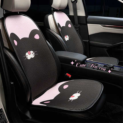 Cute cat-themed seat cushion with honeycomb ice silk design, perfect for all-season comfort in your car.