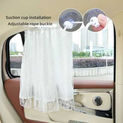 Lace car sunshade curtain for babies, offering uv and heat protection with suction cup installation and adjustable rope buckl...