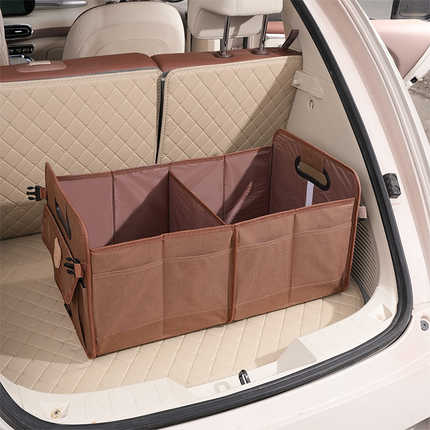 Oxford cloth car trunk storage box: large, collapsible storage organizer with multiple compartments, neatly arranged in a veh...