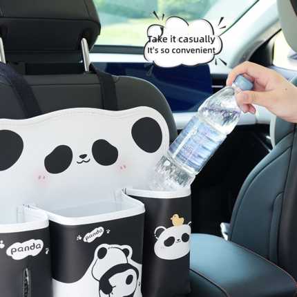 Cute panda-themed car seat back storage bag with leather trash can, offering convenient and stylish organization for your veh...