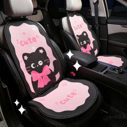 Cute cartoon cat car seat cushion with pink bow design, featuring non-slip texture for comfortable and stylish vehicle seatin...