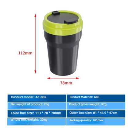 Portable car ashtray ac-802 with green lid, 112mm tall and 78mm wide, made of abs material for universal use.