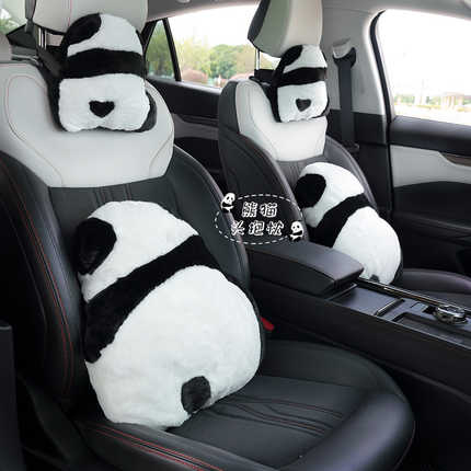Cute panda plush car headrest and neck pillow set, featuring soft black and white design for comfortable in-car support.