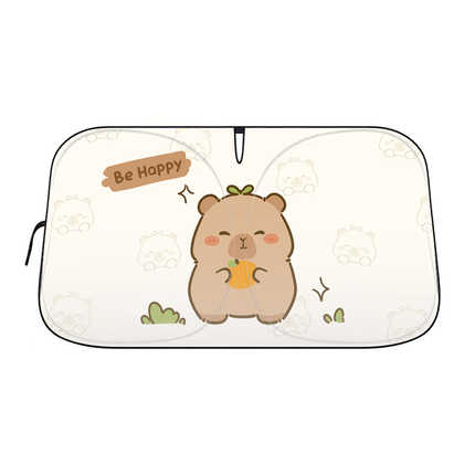 Cute capybara cartoon car sunshade with be happy text, double ring uv shield design for vehicle protection.