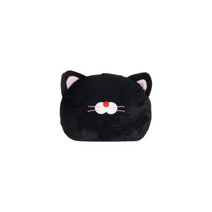 Cute black cartoon cat plush car headrest and lumbar pillow with pink ears, white whiskers, and a red nose for cozy comfort.
