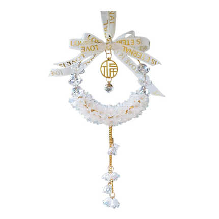 Elegant lily of the valley car pendant featuring a white floral wreath, gold accents, and a love is eternal ribbon bow. perfe...