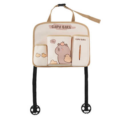 Cute capybara-themed leather car seat back organizer bag with storage pockets and adjustable straps for convenient in-car org...