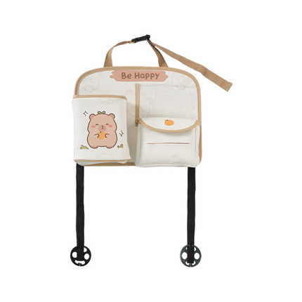 Kapibala car seat back storage bag featuring a cute hamster design, with be hoppy text and dual functionality as a trash can.