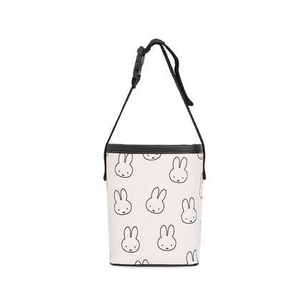 White miffy-themed car seat back storage bag with black trim and adjustable strap, featuring cute bunny faces for stylish han...