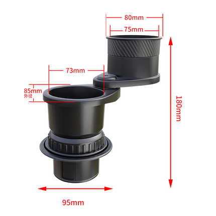 360-degree rotating car cup holder extender with adjustable dimensions, featuring a sleek black design and precise measuremen...