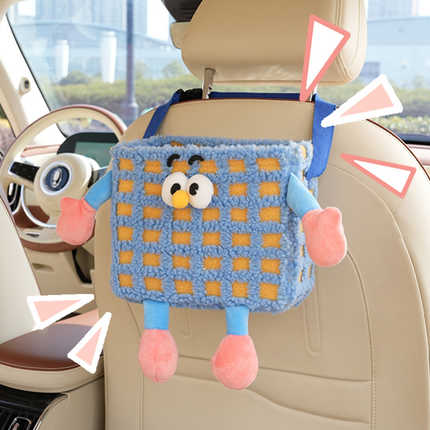 Cute blue and yellow checkered dopamine monster car storage bucket with plush arms and legs, hanging on a car seat for conven...