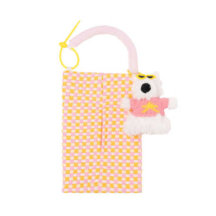 Cute puppy car tissue box featuring a fluffy white puppy in a pink outfit, attached to a yellow and white checkered hanging b...