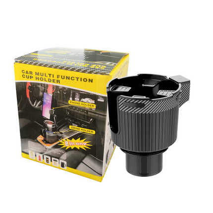 Insulated truck cup holder: large, multi-functional car beverage holder with sleek black design, shown alongside its yellow p...