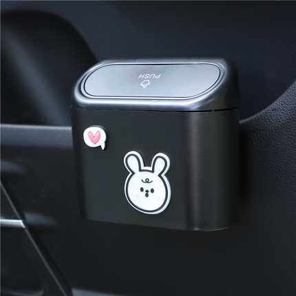 Cartoon car trash can: a black door-side storage bin featuring a cute bunny sticker and a heart design, perfect for keeping y...