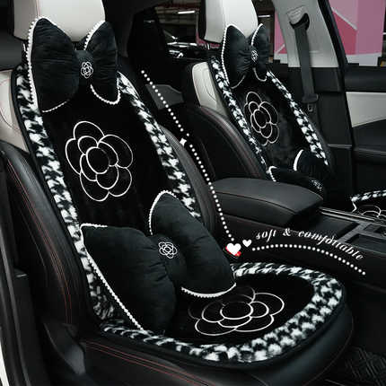 Elegant winter plush car seat cushion with camellia flower design and houndstooth trim, soft & comfortable for cozy rides.