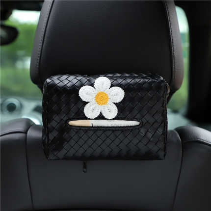 Elegant black woven leather car tissue box with a charming white daisy design, perfect for stylish vehicle interiors.